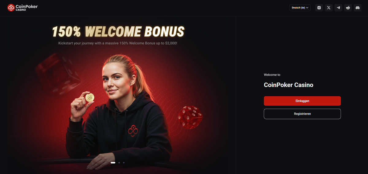 CoinPoker Startseite mit Banner, das einen 150 %-Willkommensbonus bis zu 2.000 US$ bewirbt. Design mit Würfeln und goldener Münze, Navigation bietet Login und Registrierung, Spracheinstellung auf Deutsch verfügbar.